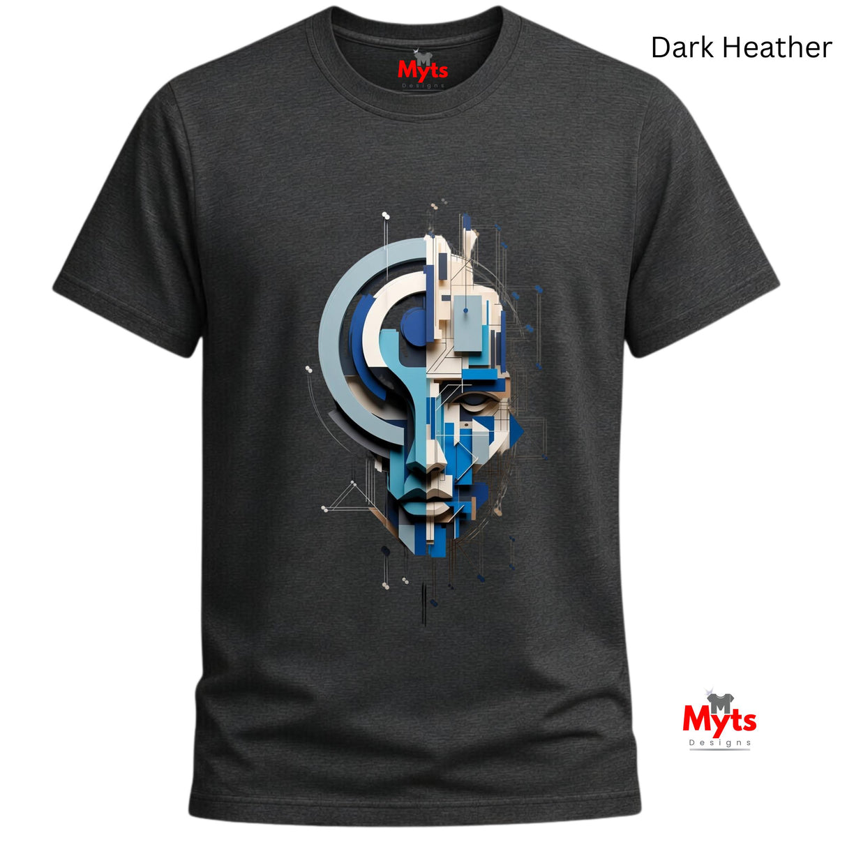 A dark heather gray crewneck t-shirt featuring a large graphic print of a stylized, geometric face in blue, white, and gray. The text 'Dark Heather' is displayed in the top right corner, and the 'Myts' brand logo is visible on the inner neck label and as a watermark in the bottom right corner.