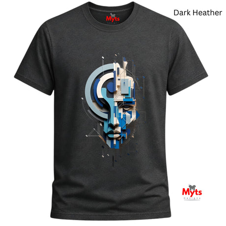 A dark heather gray crewneck t-shirt featuring a large graphic print of a stylized, geometric face in blue, white, and gray. The text 'Dark Heather' is displayed in the top right corner, and the 'Myts' brand logo is visible on the inner neck label and as a watermark in the bottom right corner.
