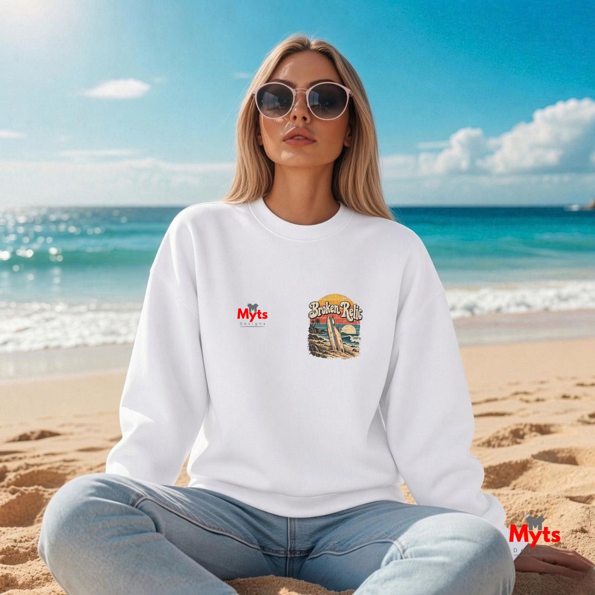 Broken Relic white unisex crewneck sweatshirt with small front surf graphic and large vintage surfboard beach design on back