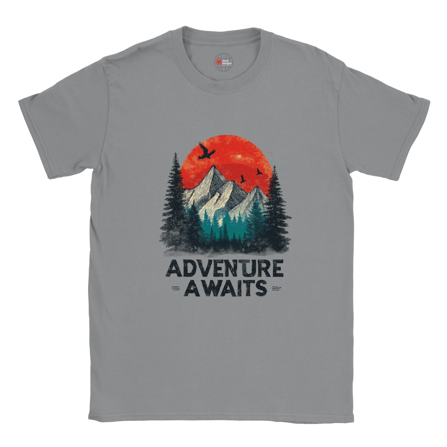 Grey unisex cotton T-shirt with a retro “Adventure Awaits” camping graphic—featuring a vintage tent scene, outdoors motif, and bold typography; soft Gildan 64000 fabric from MytsDesigns.