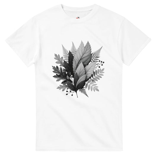 White t-shirt with black and gray leaf design on a white background