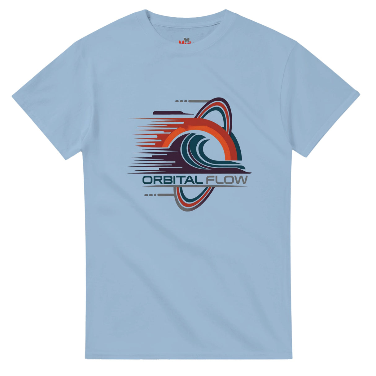Light blue t-shirt with 'Orbital Flow' graphic design on a white background