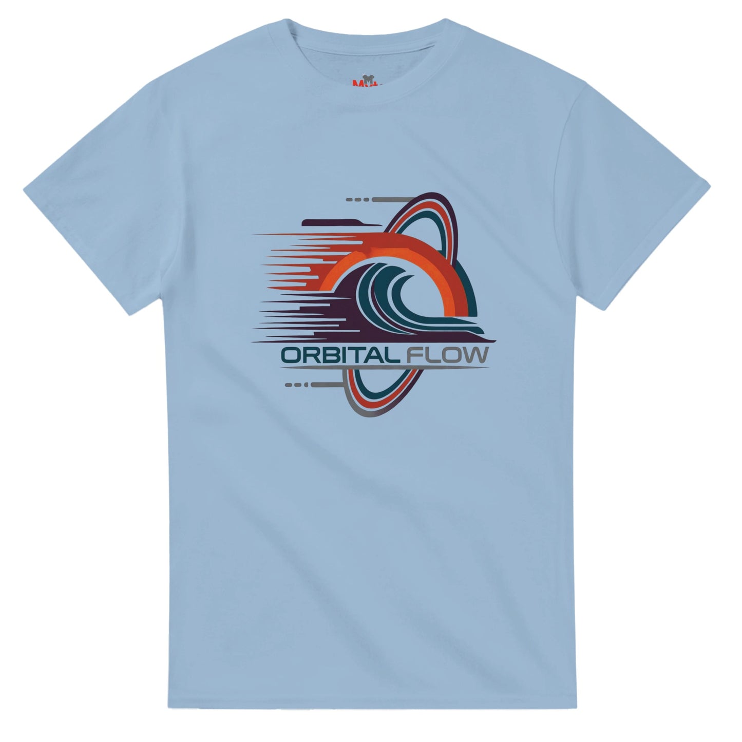 Light blue t-shirt with 'Orbital Flow' graphic design on a white background