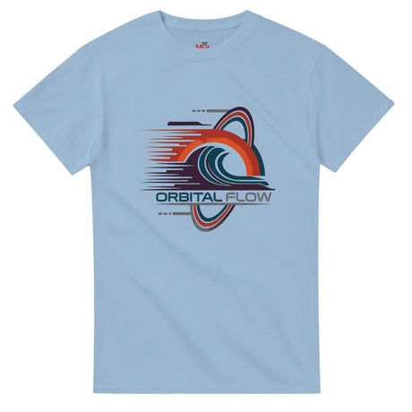 Light blue t-shirt with 'Orbital Flow' graphic design on a white background