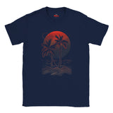 Navy blue t-shirt with red palm tree and sunset design on a white background