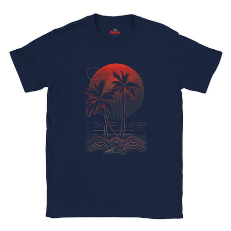 Navy blue t-shirt with red palm tree and sunset design on a white background