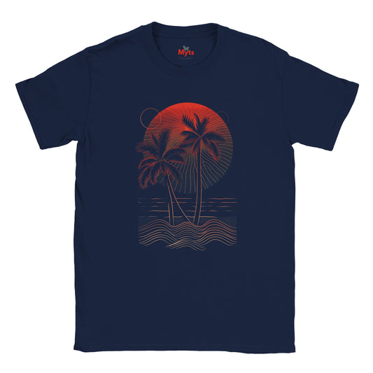 Navy blue t-shirt with red palm tree and sunset design on a white background