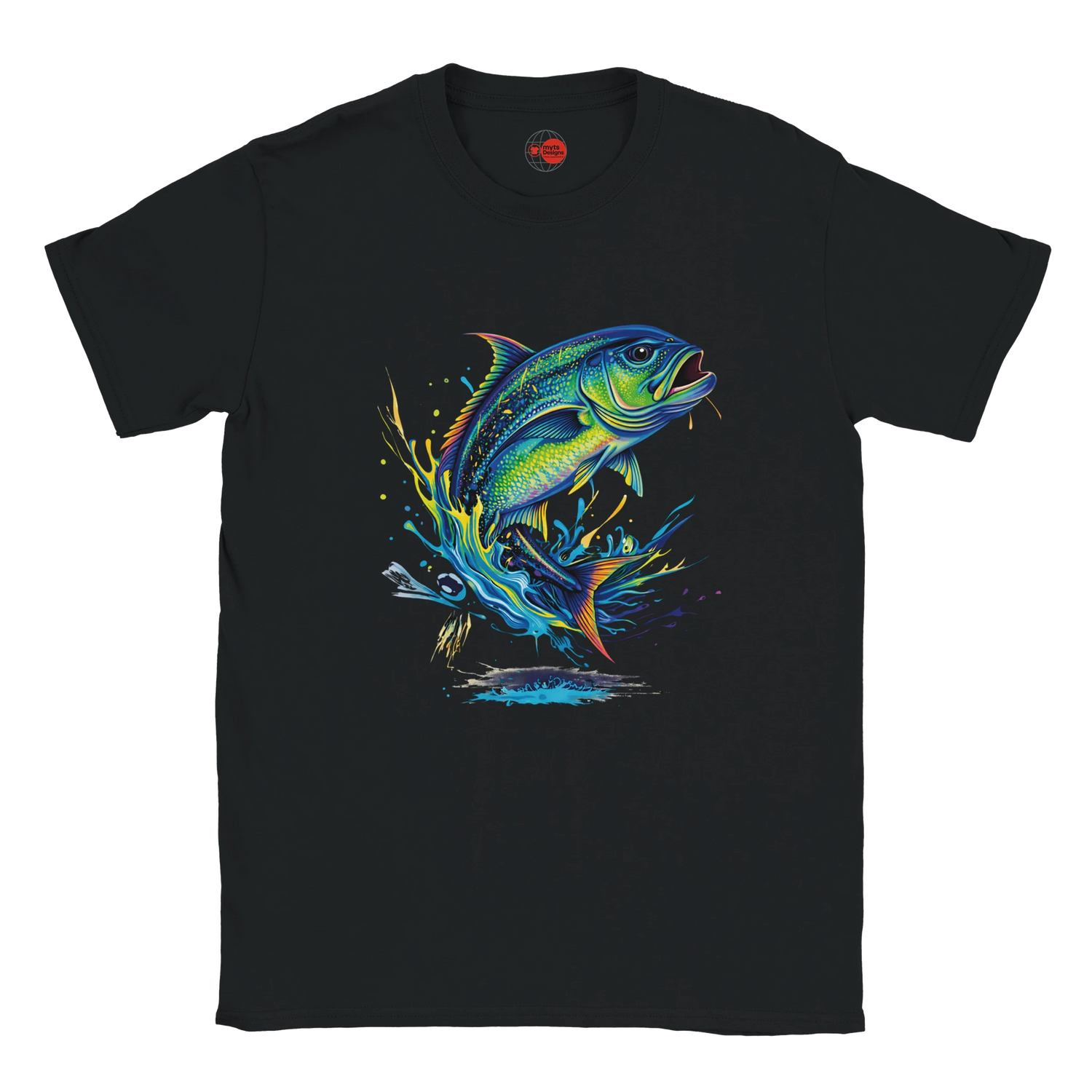 Black fishing T-shirt featuring colourful Giant Trevally splash art graphic design