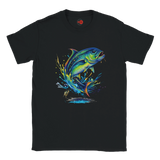 Black fishing T-shirt featuring colourful Giant Trevally splash art graphic design