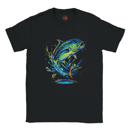 Black fishing T-shirt featuring colourful Giant Trevally splash art graphic design