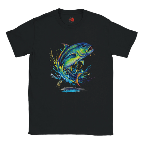 Black fishing T-shirt featuring colourful Giant Trevally splash art graphic design