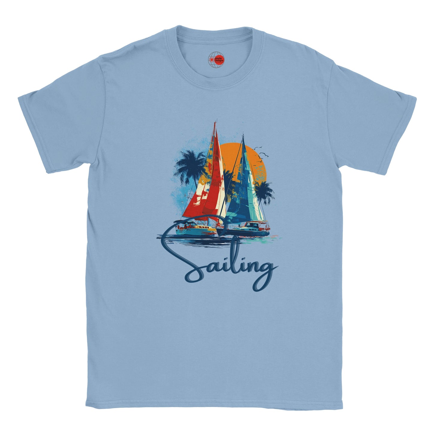 Light blue t-shirt with sailboat graphic and 'Sailing' text on a white background