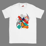 Modern geometric abstract T-shirt featuring colorful minimalist shapes printed on white cotton tee