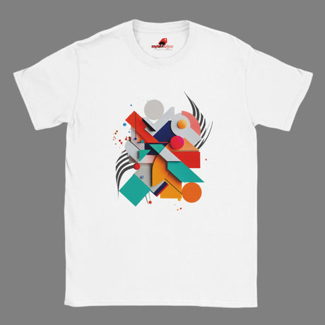 Modern geometric abstract T-shirt featuring colorful minimalist shapes printed on white cotton tee