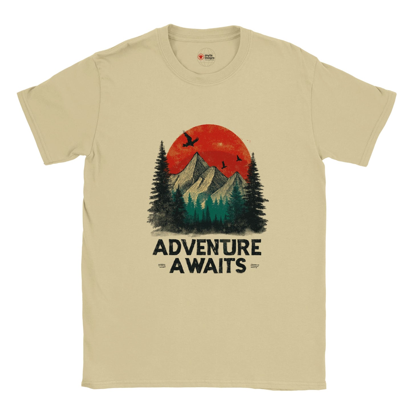 Natural unisex cotton T-shirt with a retro “Adventure Awaits” camping graphic—featuring a vintage tent scene, outdoors motif, and bold typography; soft Gildan 64000 fabric from MytsDesigns.
