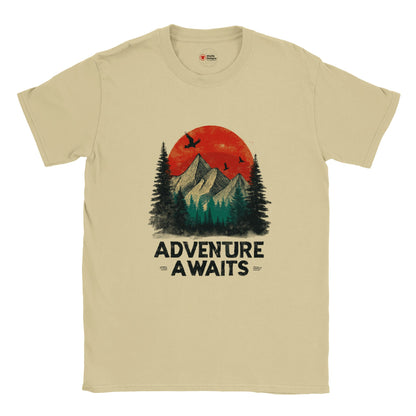 Natural unisex cotton T-shirt with a retro “Adventure Awaits” camping graphic—featuring a vintage tent scene, outdoors motif, and bold typography; soft Gildan 64000 fabric from MytsDesigns.