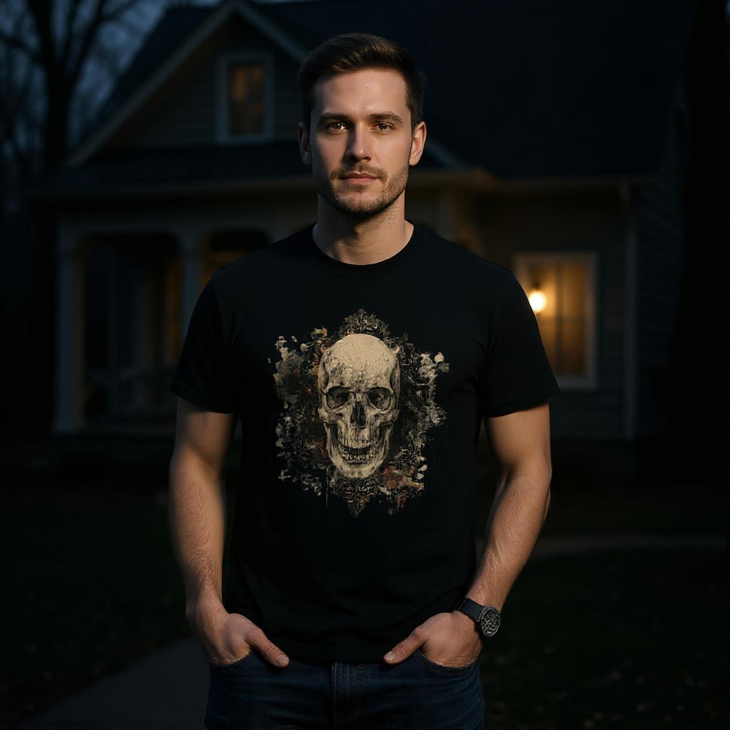 Man wearing a black t-shirt with a skull design in front of a house at night.