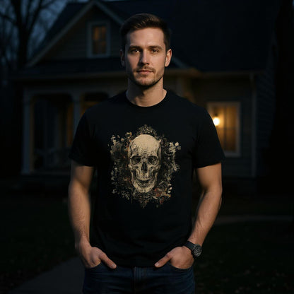 Man wearing a black t-shirt with a skull design in front of a house at night.