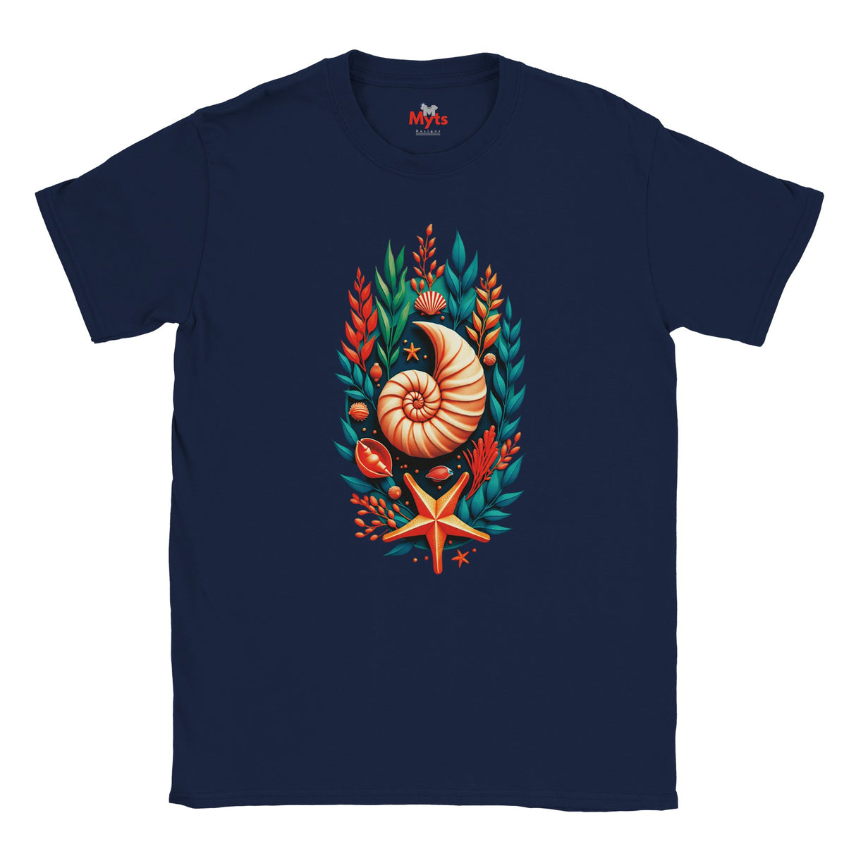 A navy blue short-sleeve crewneck t-shirt featuring a colorful graphic print of a nautilus shell, starfish, and seashells surrounded by green and orange seaweed on the front.