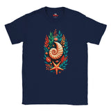 A navy blue short-sleeve crewneck t-shirt featuring a colorful graphic print of a nautilus shell, starfish, and seashells surrounded by green and orange seaweed on the front.