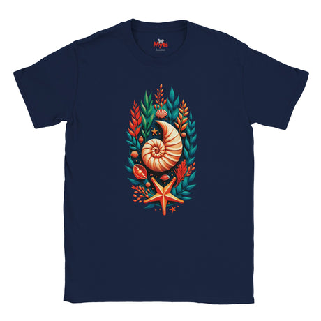 A navy blue short-sleeve crewneck t-shirt featuring a colorful graphic print of a nautilus shell, starfish, and seashells surrounded by green and orange seaweed on the front.
