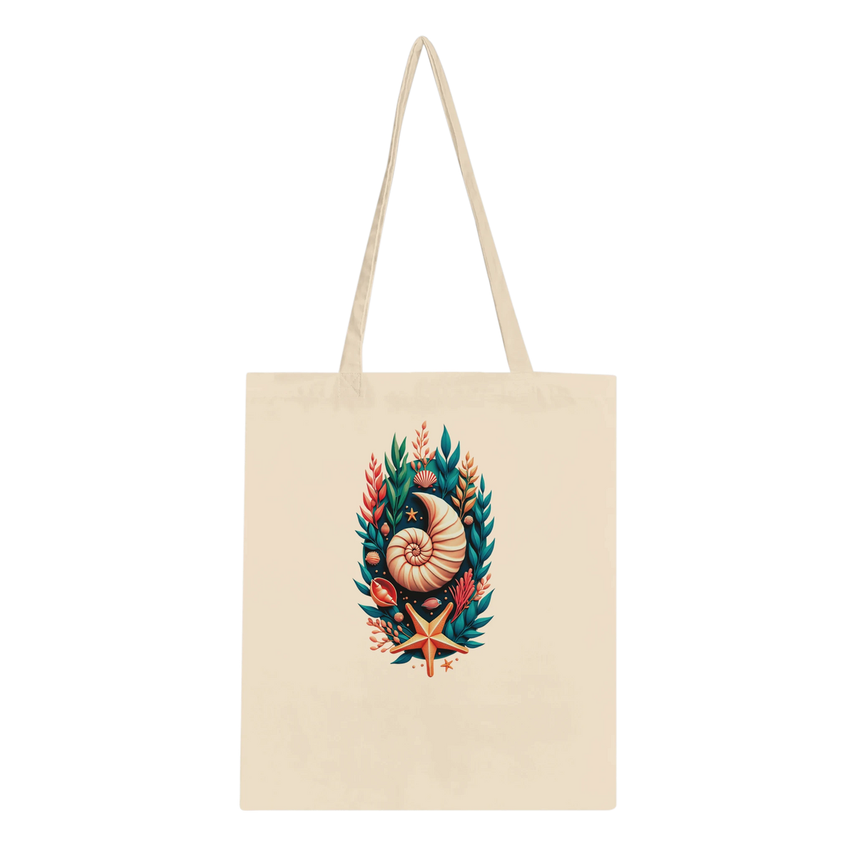 A cream-colored canvas tote bag with a detailed nautical illustration of a nautilus shell, starfish, and seashells in the center, set against a plain white background.