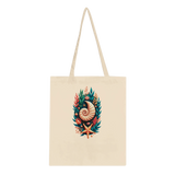 A cream-colored canvas tote bag with a detailed nautical illustration of a nautilus shell, starfish, and seashells in the center, set against a plain white background.
