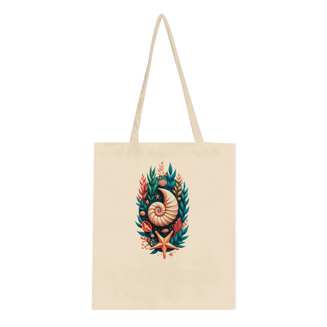 A cream-colored canvas tote bag with a detailed nautical illustration of a nautilus shell, starfish, and seashells in the center, set against a plain white background.