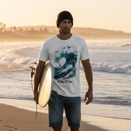 Man walking on a beach with a surfboard at sunset