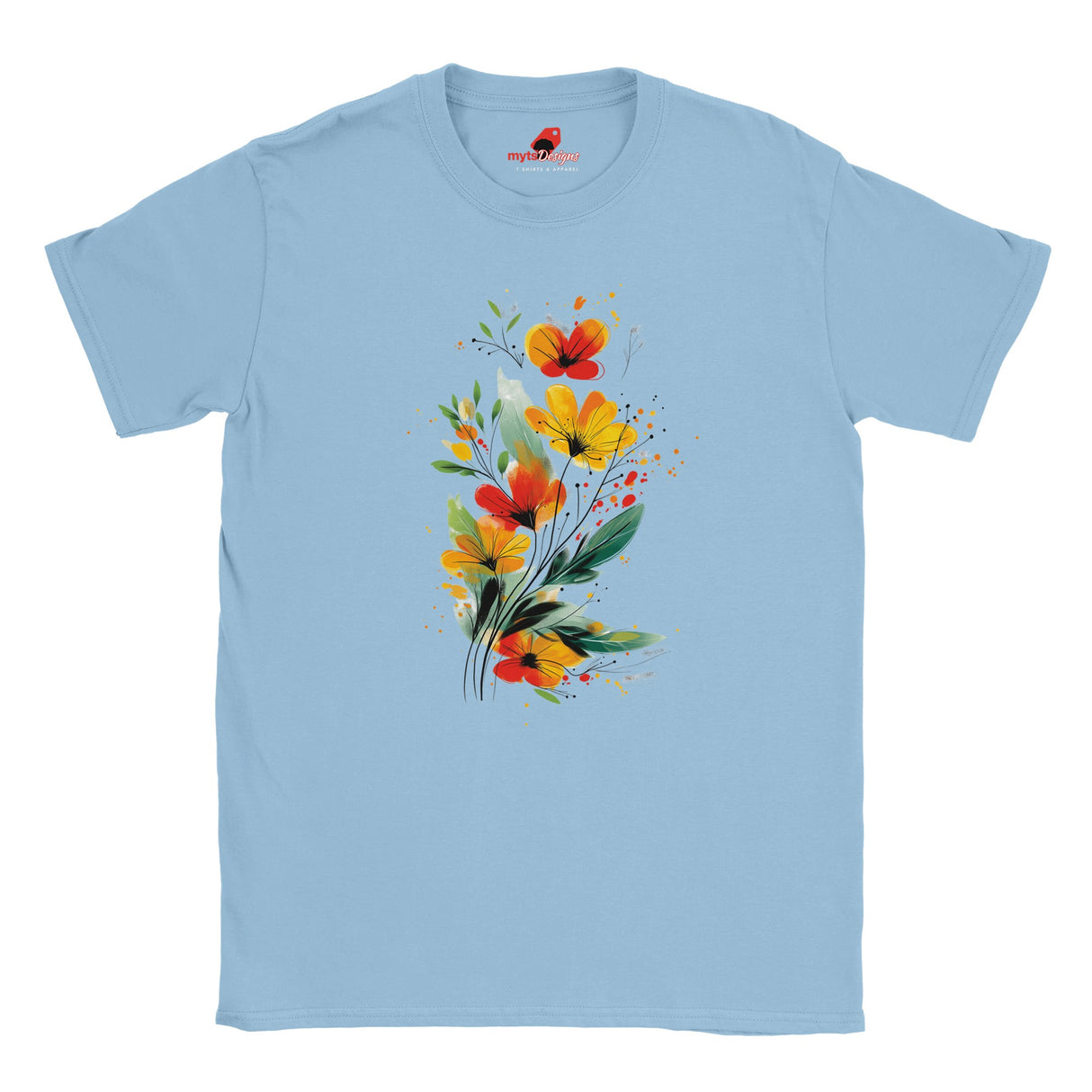 Light Blue T-shirt featuring a vibrant wildflower bouquet design in artistic watercolor style with red, yellow, and green tones, exclusive to MytsDesigns.com”ts for women