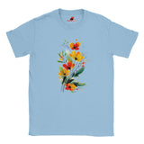 Light Blue T-shirt featuring a vibrant wildflower bouquet design in artistic watercolor style with red, yellow, and green tones, exclusive to MytsDesigns.com”ts for women