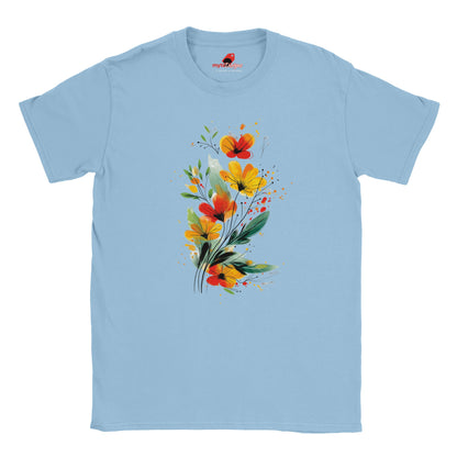 Light Blue T-shirt featuring a vibrant wildflower bouquet design in artistic watercolor style with red, yellow, and green tones, exclusive to MytsDesigns.com”ts for women