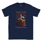 Navy blue t-shirt with a graphic design featuring roses, a snake, and text on a white background.