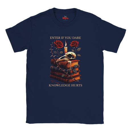 Navy blue t-shirt with a graphic design featuring roses, a snake, and text on a white background.