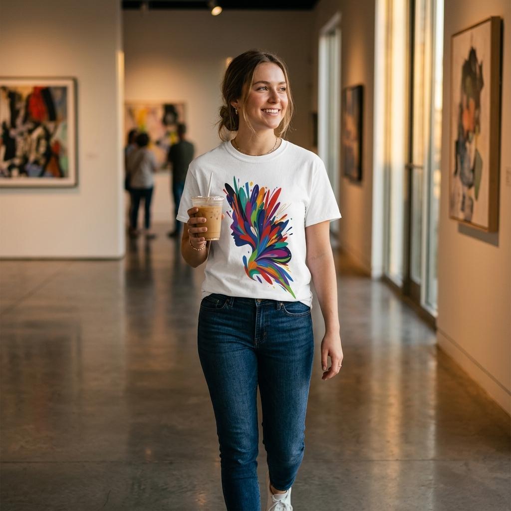 Woman walking in an art gallery wearing a colorful t-shirt and holding a drink.