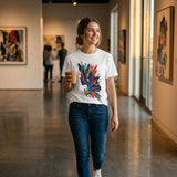 Woman walking in an art gallery wearing a colorful t-shirt and holding a drink.