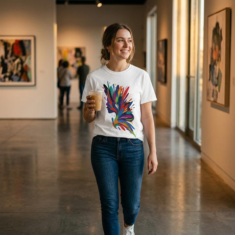 Woman walking in an art gallery wearing a colorful t-shirt and holding a drink.