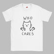 White T-shirt featuring minimalist line-art cat and “Who Cares?” text – funny sarcastic tee for cat lovers