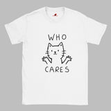 White T-shirt featuring minimalist line-art cat and “Who Cares?” text – funny sarcastic tee for cat lovers