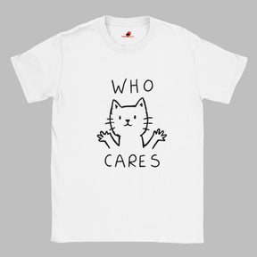 White T-shirt featuring minimalist line-art cat and “Who Cares?” text – funny sarcastic tee for cat lovers