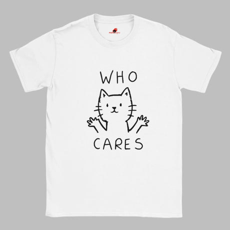 White T-shirt featuring minimalist line-art cat and “Who Cares?” text – funny sarcastic tee for cat lovers