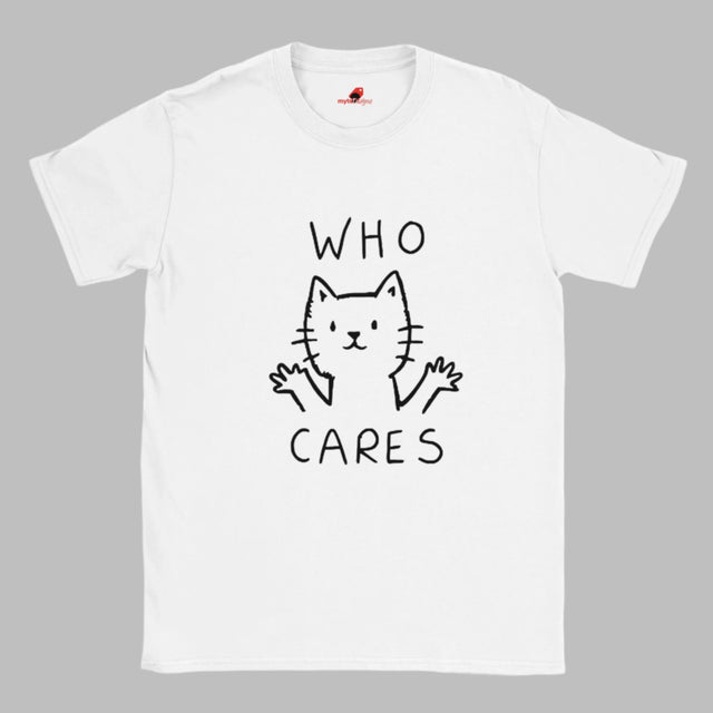 White T-shirt featuring minimalist line-art cat and “Who Cares?” text – funny sarcastic tee for cat lovers