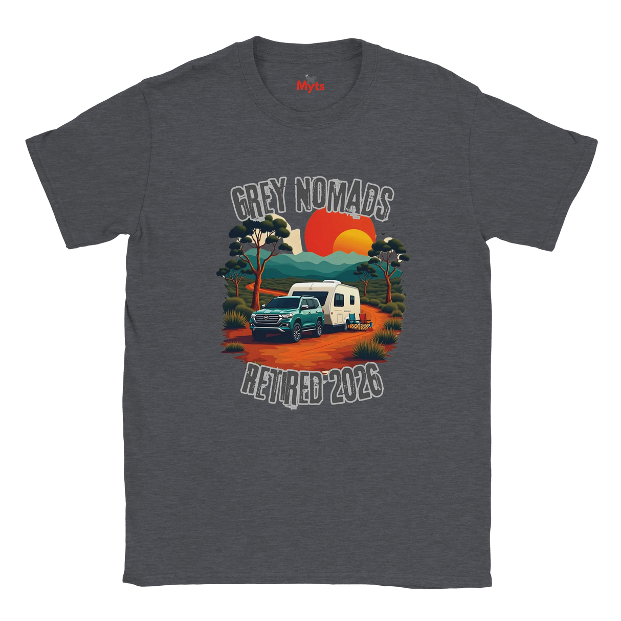 A dark heather grey t-shirt with a retro-style graphic of a camper van on a dirt road under a sunset, with the text 'GREY NOMADS RETIRED 2026'.