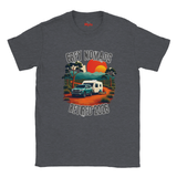 A dark heather grey t-shirt with a retro-style graphic of a camper van on a dirt road under a sunset, with the text 'GREY NOMADS RETIRED 2026'.