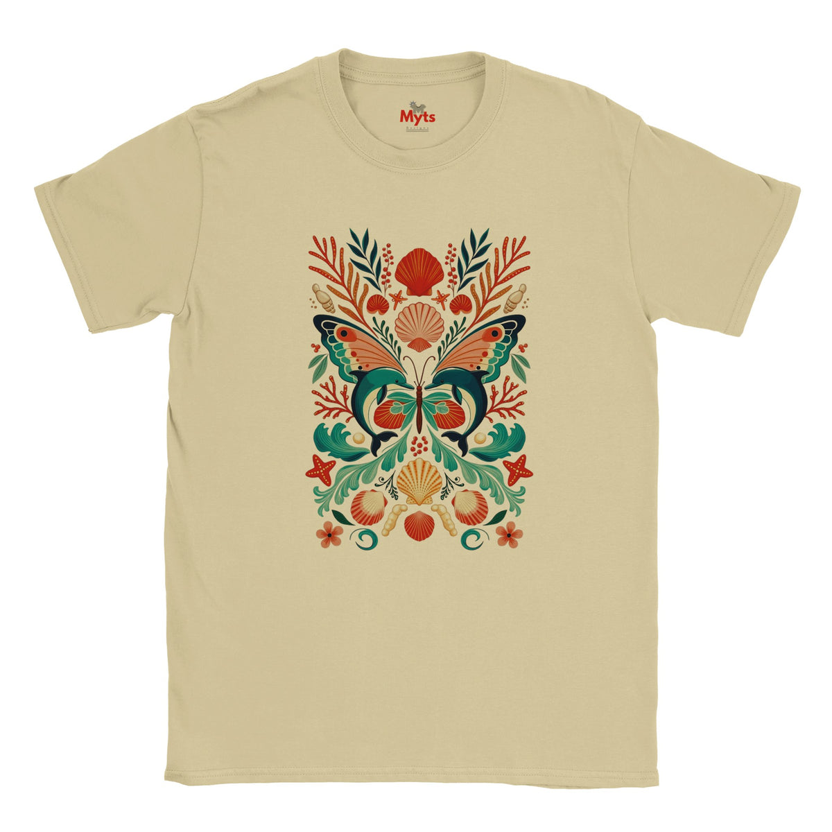 Natural cream graphic T-shirt with a colourful dolphin butterfly design surrounded by coral and shells.