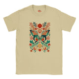 Natural cream graphic T-shirt with a colourful dolphin butterfly design surrounded by coral and shells.
