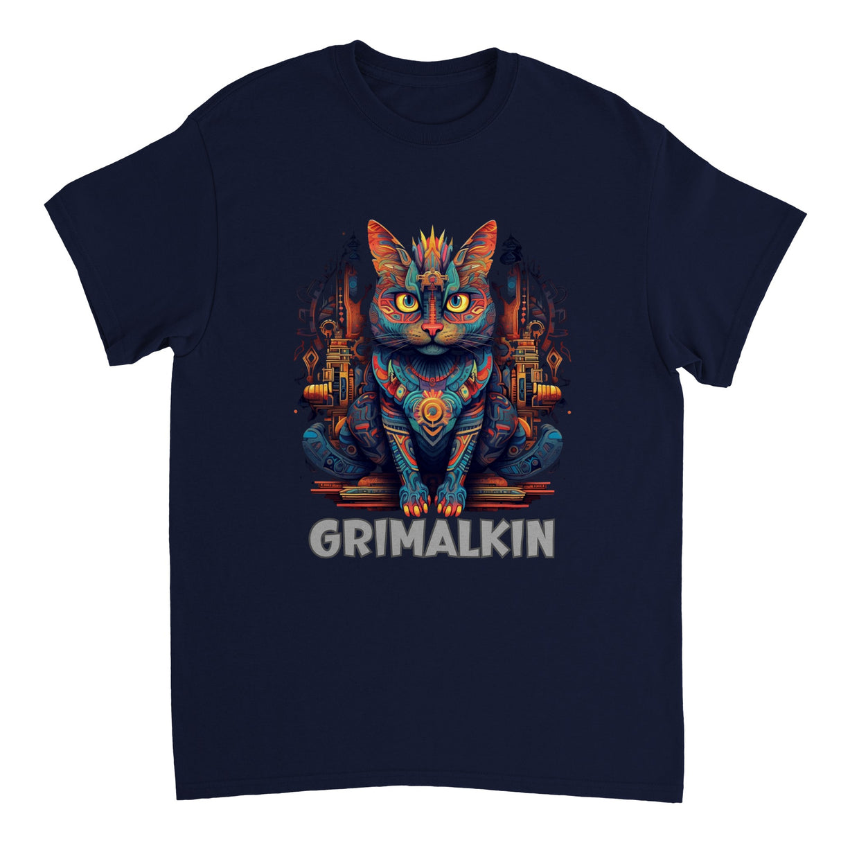 A navy t-shirt featuring a colorful illustration of a grimalkin cat with a fantasy-themed background.