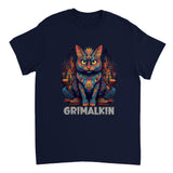 A navy t-shirt featuring a colorful illustration of a grimalkin cat with a fantasy-themed background.