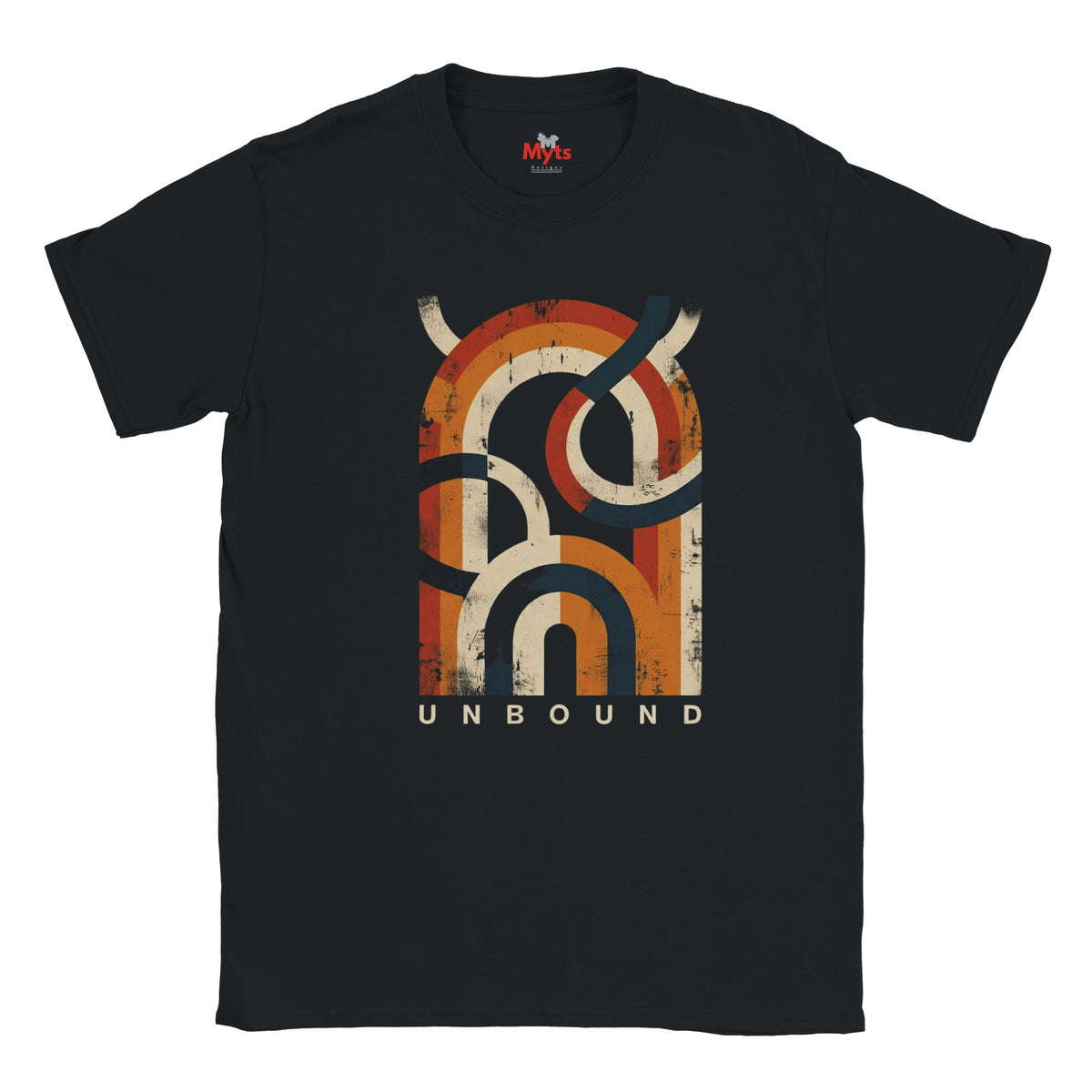 a Black retro geometric design on the front of the shirt