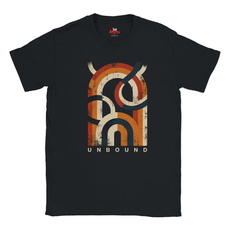 a Black retro geometric design on the front of the shirt